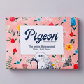Pigeon letter writing kit packaging with illustrations of flowers in a variety of colors on a pink background.