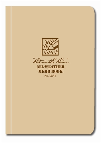 A desert tan Rite in the Rain all-weather memo book with a logo and text on the cover indicating it is a field Flex pocket notebook.