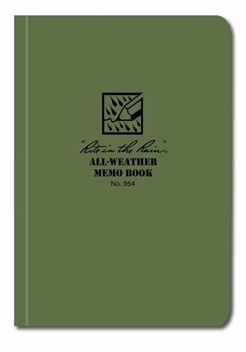 A green Rite in the Rain all-weather memo book with a plastic cover, displaying the brand logo and the text 'ALL-WEATHER MEMO BOOK No. 954'.