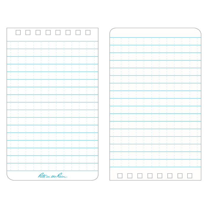 This top-spiral notebook has 50 sheets (100 pages) printed with the "universal pattern", blue ink on white paper- 1/4 inch rules with a faint 1/4 inch grid.
