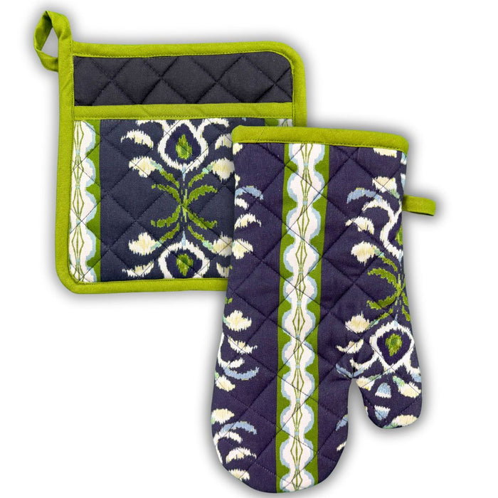 Rosemary Stripe Indigo Oven Mitt & Pot Holder Set
