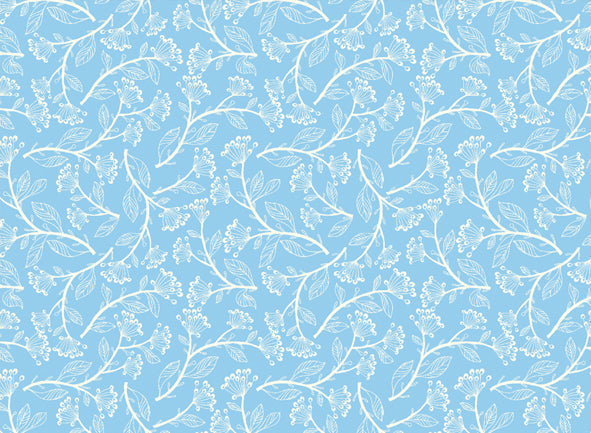 This Rossi 1931 Decorative Letterpress Paper features a repeating pattern of delicate flower and leaf patterns in white on a blue background.