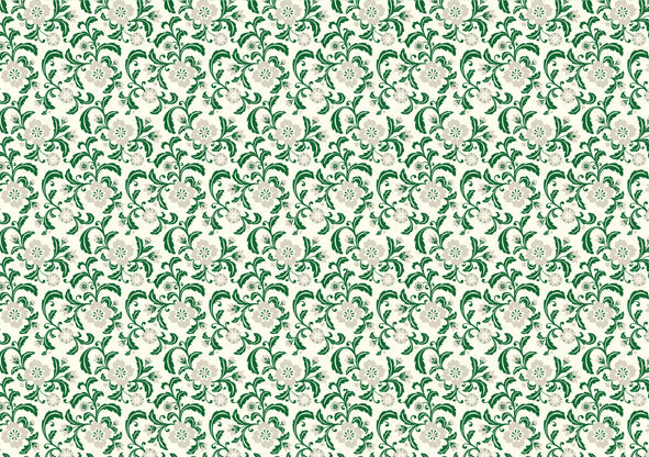This Rossi 1931 Decorative Letterpress Paper features a repeating pattern of grey and green repeating flowers on a natural cream background.