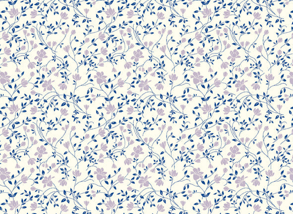 This Rossi 1931 Decorative Letterpress Paper features a repeating pattern of delicate two-colored purple flowers on a natural cream background.