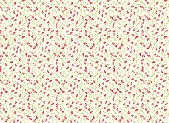 This Rossi 1931 Decorative Letterpress Paper features a repeating pattern of delicate red flowers with contrasting green stems on a natural cream background.