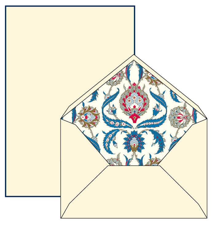This writing set comes with large sheets of 120 gsm paper which have a blue border. The envelopes are lined with a cool tone classic Florentine paper to match the paper's blue border.