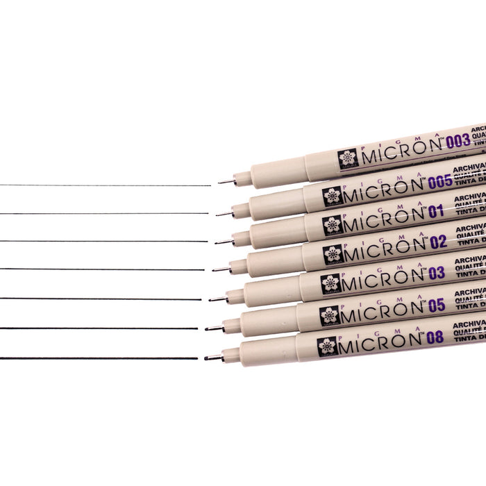 Set includes 6 black pens, one each in .005, .01, .02, .03, .05, and .08 nib sizes.