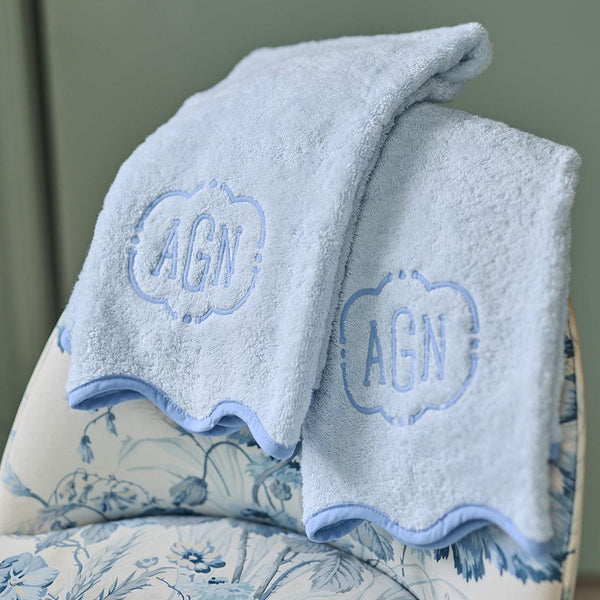 Scallop Hand Towels Pair, French Blue on Light Blue