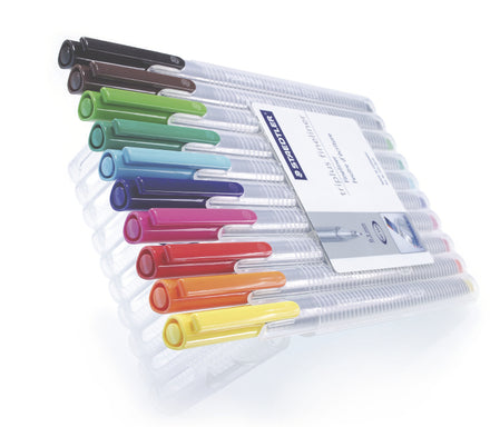 Staedtler Triplus Fineliner pens are housed in a a sturdy plastic easel storage case, they are perfect for the artist on the go.