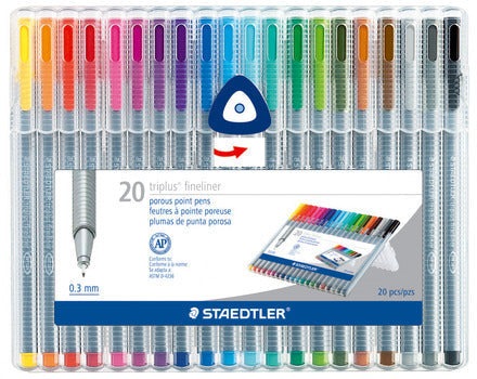 Staedtler Triplus Fineliner .3 mm Colored Pens- This set of twenty .3 mm colored pens is the perfect travel companion for those needing a wide range of colors.