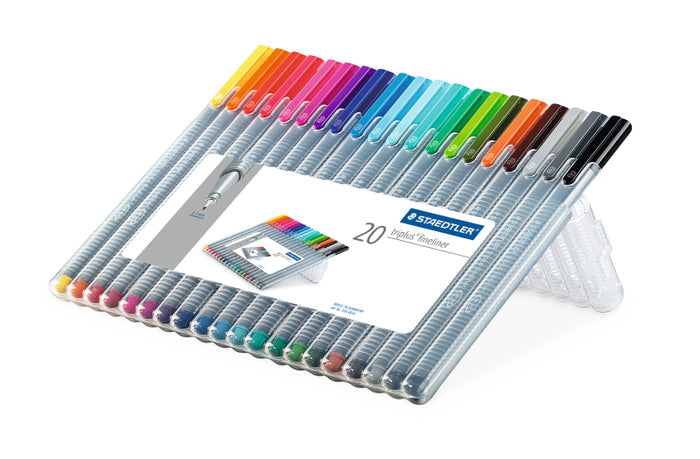 Staedtler Triplus Fineliner pens are housed in a a sturdy plastic easel storage case, they are perfect for the artist on the go.