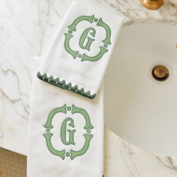 Stitched Edge Powder Bath Towels Pair, Green on White, Assorted Sizes