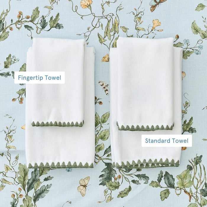 Stitched Edge Powder Bath Towels Pair, Green on White, Assorted Sizes