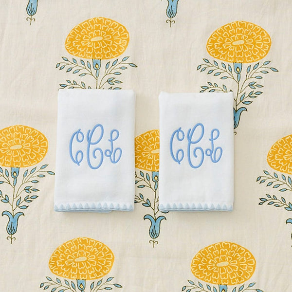Stitched Edge Powder Bath Towels Pair, Light Blue on White, Assorted Sizes