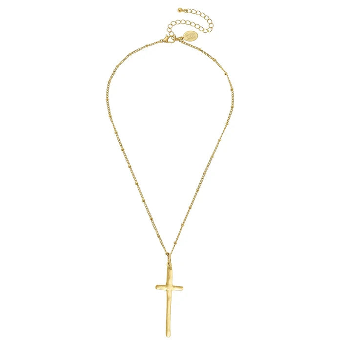 Susan Shaw | Handcast Gold Long Cross on Bead Chain Necklace