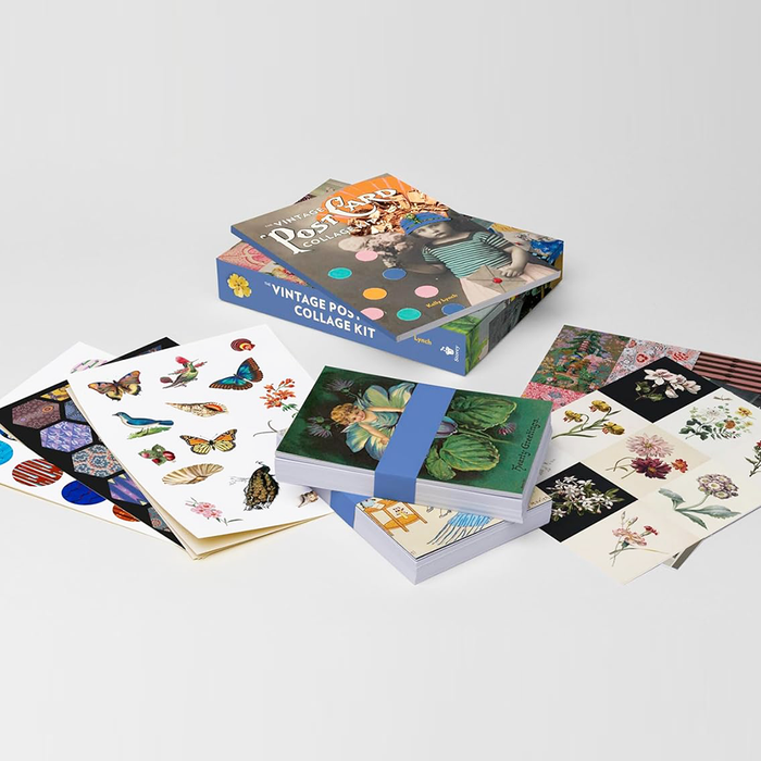 The Vintage Postcard Collage kit showing postcards, stickers, booklet and papers