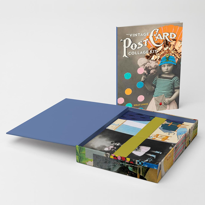 The Vintage Postcard Collage kit with box open and booklet