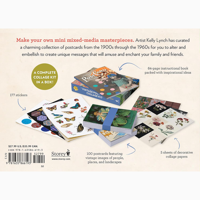 The Vintage Postcard Collage kit packaging backside showing contents