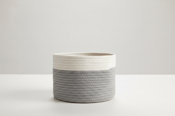 Toy Basket - empty rope basket in two-tone grey and white