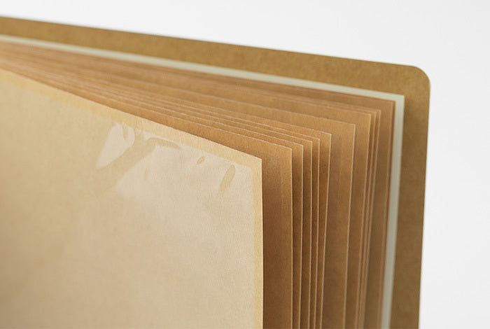The Midori Spiral Ring Photo File is designed to hold 24 photographs, postcards, or other ephemera from your travels.  There are 12 sheets of of kraft paper with pockets on either side.