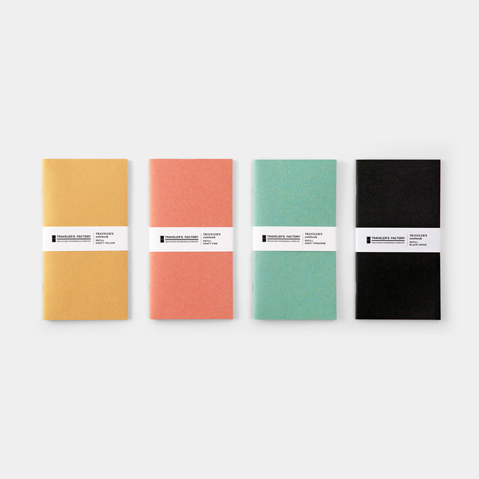 Traveler's Factory kraft notebooks come in black, yellow, turquoise, and pink colored paper.