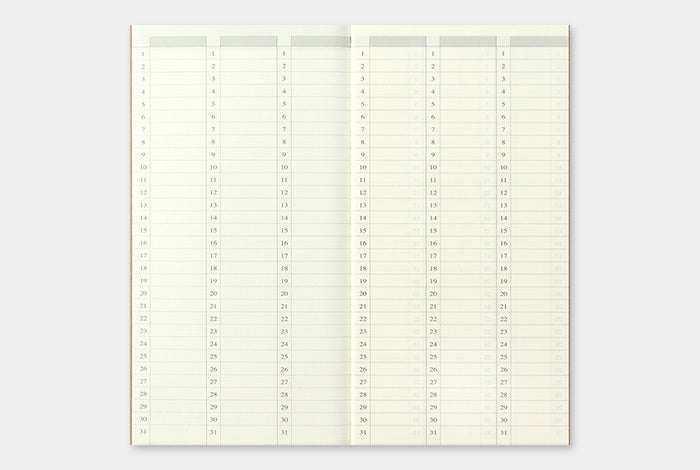 The is a monthly over view in the Weekly Planner in the front of the Midori Traveler's Notebook that allows you to see your month at a glace.