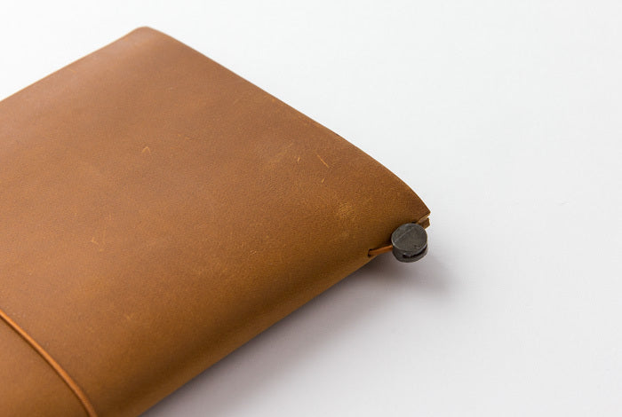 The Camel TRAVELER'S notebook Starter Kit features a metal closure to keep the elastic in place.