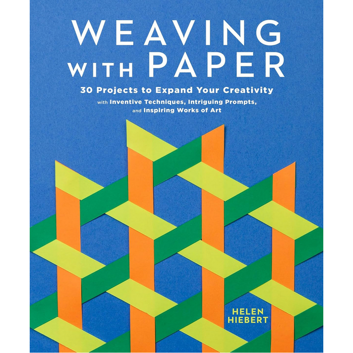 Book cover of 'Weaving with Paper' by Helen Hiebert with geometric paper art design on a blue background.