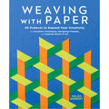 Book cover of 'Weaving with Paper' by Helen Hiebert with geometric paper art design on a blue background.