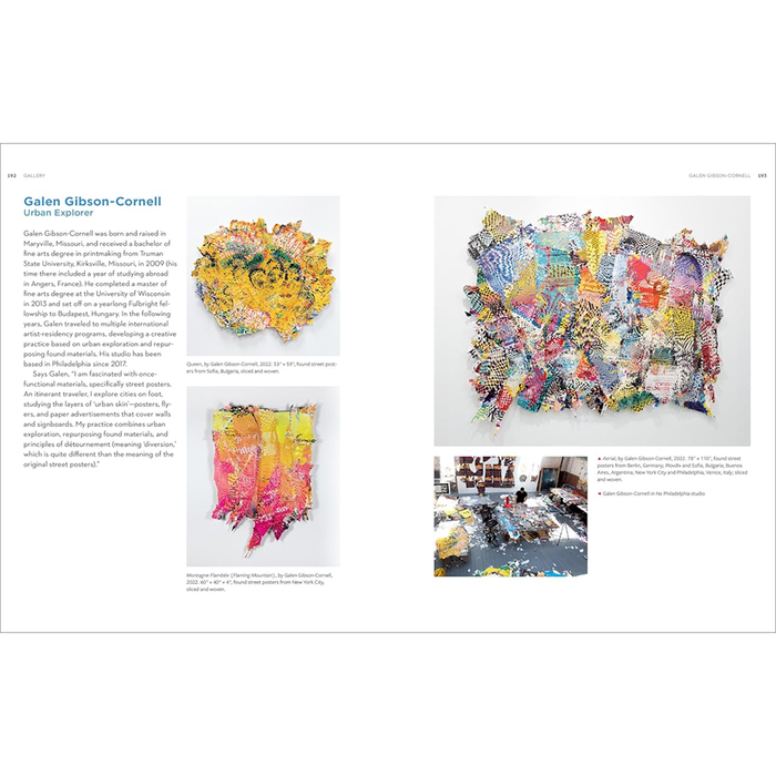 Artistic display of colorful woven paper projects  with text on a white background