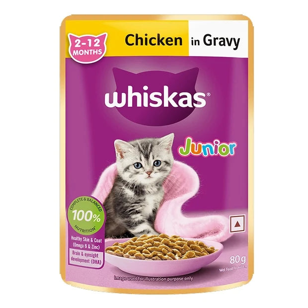 WHISKAS Wet Food for Kittens (2-12 Months), Chicken in Gravy Flavour, 12 pouches (12x 80g)