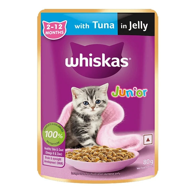 WHISKAS Wet Food for Kittens (2-12 Months), Tuna in Jelly Flavour, 12 pouches (12 x 80g)