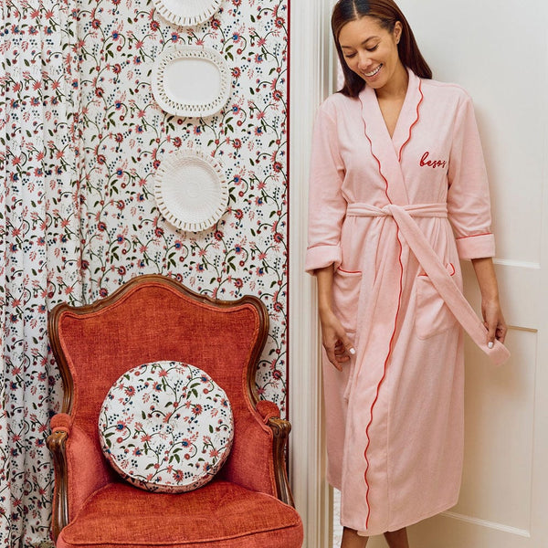 Women's Long Scallop Lightweight Robe, Pink with Red