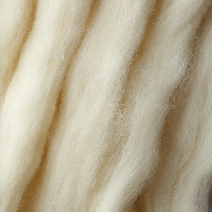 Close-up of beige wool fibers.